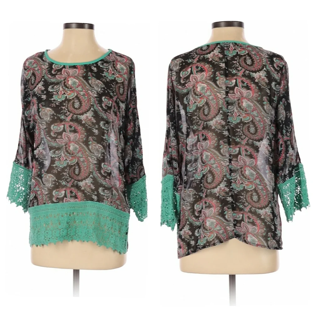 Altar'd State Boho Tunic Lace Green Black Small - Picture 2 of 7